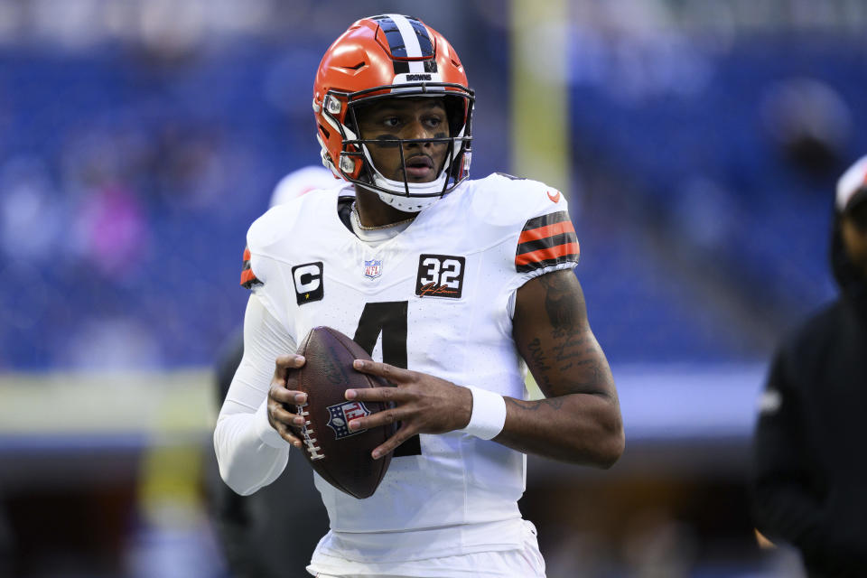 Cleveland Browns quarterback Deshaun Watson (4) warms up on the field before an NFL football game against the Indianapolis Colts, Sunday, Oct. 22, 2023, in Indianapolis. (AP Photo/Zach Bolinger)