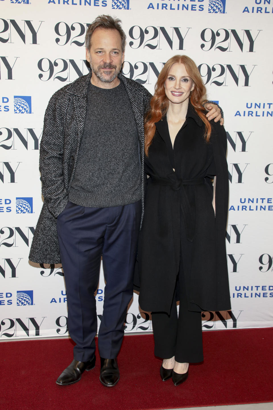 Actors Peter Sarsgaard, left, and Jessica Chastain pose backstage before discussing the film "Memory," at The 92nd Street Y, Friday, Dec. 15, 2023, in New York. (Photo by Andy Kropa/Invision/AP)