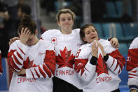<p>Team Canada, silver, react during the medals ceremony for women’s hockey at the 2018 Winter Olympics in Gangneung, South Korea, Thursday, Feb. 22, 2018. (AP Photo/Julio Cortez) </p>