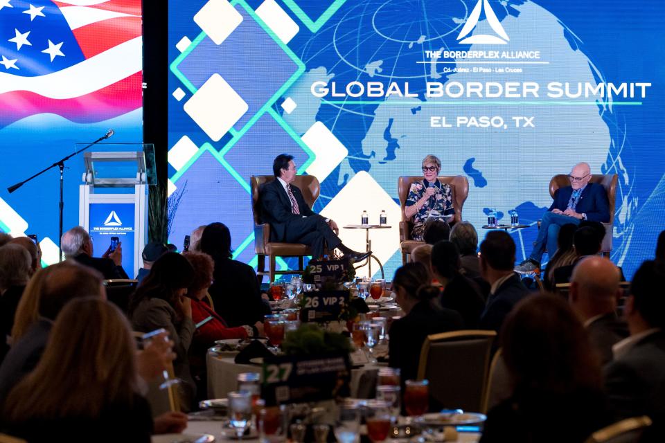 Political consultant Mary Matalin speaks at the Borderplex Alliance's 2024 Global Border Summit luncheon on Thursday, Feb. 22, 2024, held at the Hotel Paso Del Norte in Downtown El Paso.