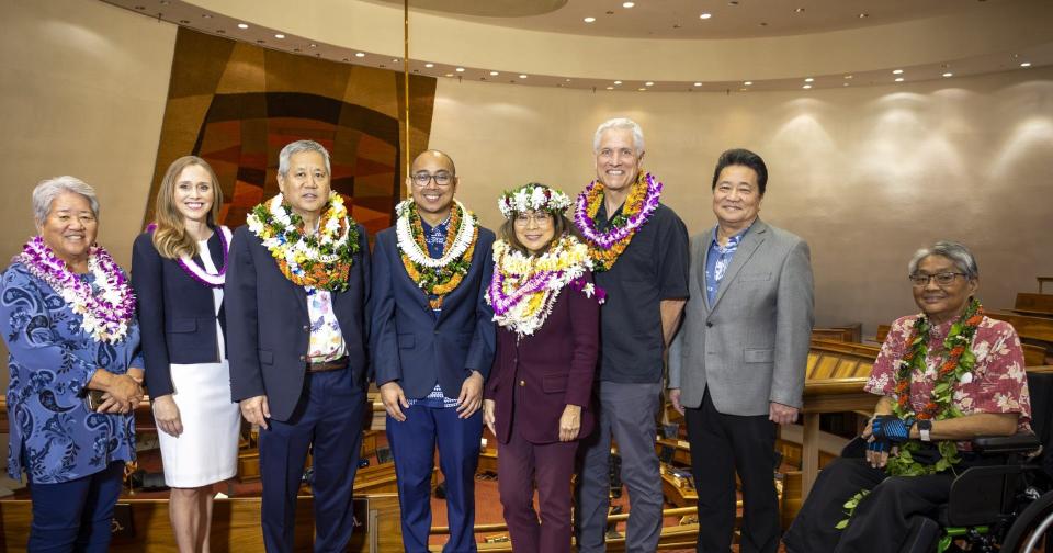 Hawaii State House and Senate leaders pose for a picture after the legislative session ended on May 3.