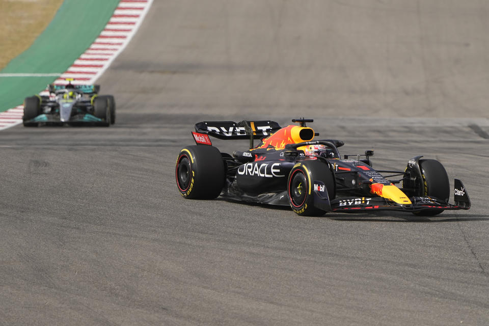 Red Bull driver Max Verstappen, of the Netherlands, steers into Turn 1 during the Formula One U.S. Grand Prix auto race at Circuit of the Americas, Sunday, Oct. 23, 2022, in Austin, Texas. (AP Photo/Eric Gay)