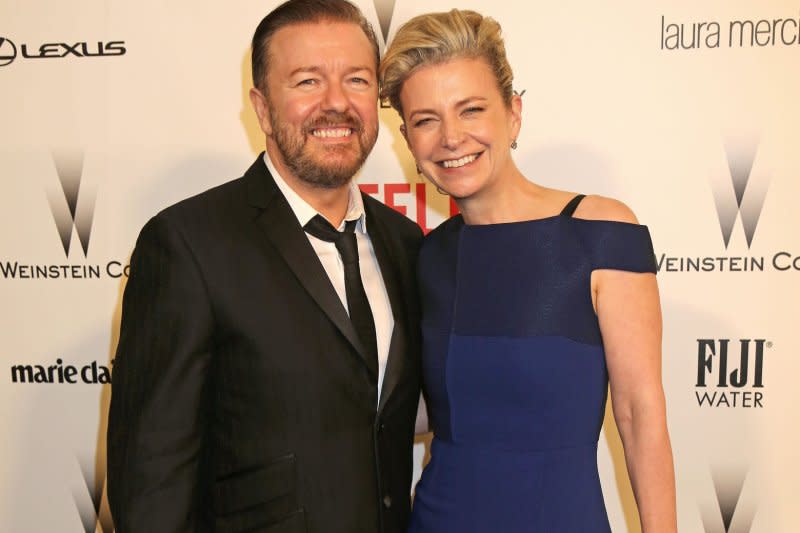 Ricky Gervais (L) and Jane Fallon arrive on the red carpet of The Weinstein Company and Netflix Golden Globes after party following the 72nd annual Golden Globe Awards at the Beverly Hilton Hotel in Beverly Hills, Calif., in 2015. File Photo by David Silpa/UPI