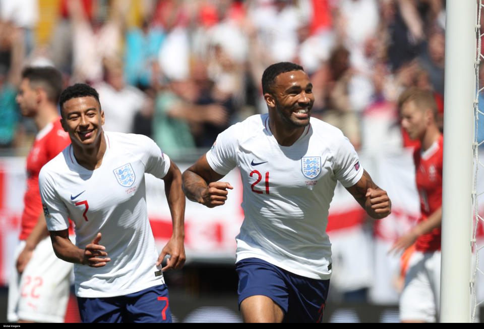 Guimar�es, 06/06/2019 - The National Team of Switzerland received this afternoon the National Team of England in the D. Afonso Henriques Stadium in the match of 3rd and 4th place, of the League of Nations of the 2019 UEFA. Callum Wilson celebrates the goal , the goal was canceled by VAR (Miguel Pereira / Global Images/Sipa USA)