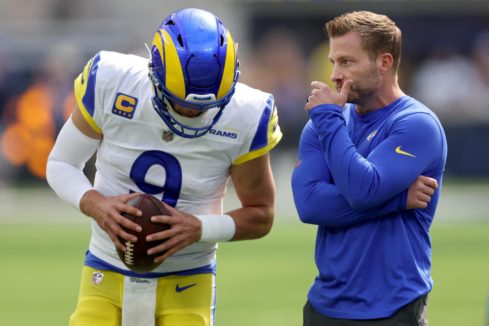 INGLEWOOD, CALIFORNIA - OCTOBER 09: Head coach Sean McVay of the Los Angeles Rams talks with Matthew Stafford #9 during warm-ups against the Dallas Cowboys at SoFi Stadium on October 09, 2022 in Inglewood, California. (Photo by Sean M. Haffey/Getty Images)