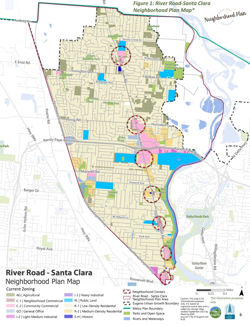 The River Road-Santa Clara Neighborhood Adoption Plan map shows both neighborhood and Urban Growth boundaries as well as carve-out areas of the neighborhood where proposed code amendments would not be applicable.