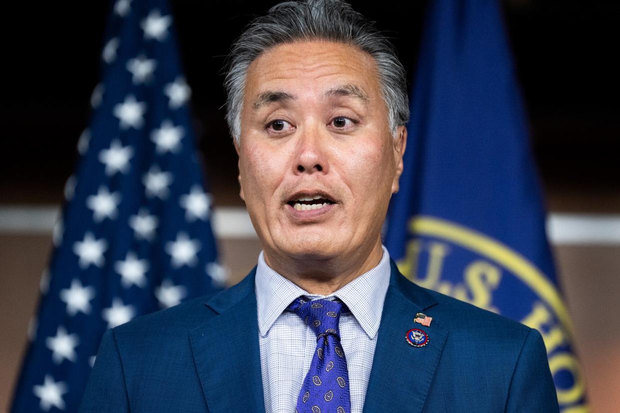 Rep. Mark Takano, D-Calif., speaks during a news conference with members of the Congressional delegation who traveled to Taiwan and the Indo-Pacific region, in the Capitol Visitor Center on Wednesday, August 10, 2022.