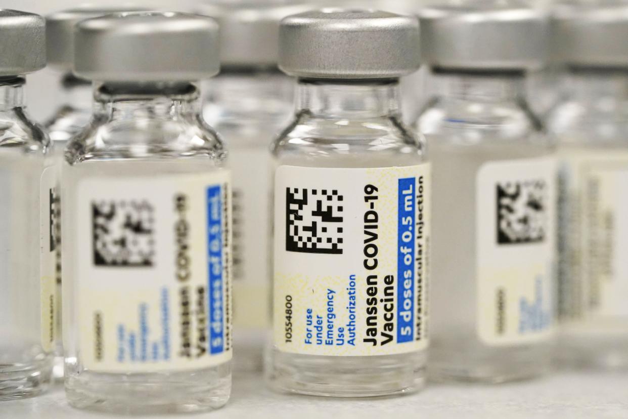 Vials of the Johnson & Johnson COVID-19 vaccine are seen at a pharmacy in Denver on March 6, 2021.