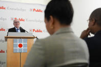 Sen. Peter Welch, D-Vt., speaking about the Affordable and Connectivity Program, ACP, at the Shaw Library in Washington, Tuesday, April 30, 2024. Advocacy groups and policymakers are pushing for Congress to fully fund the ACP, because April 2024 marks the last month of full funding. (AP Photo/Pablo Martinez Monsivais)