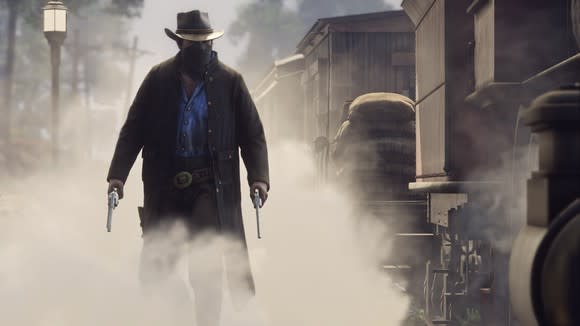 A character with a bandanna covering his face wearing a Western hat holds two pistols in Take-Two's upcoming game Red Dead Redemption 2.