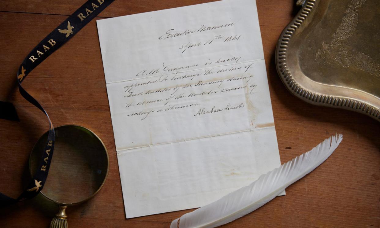 <span>An original document signed by President Abraham Lincoln four days before his assassination on 15 April 1865.</span><span>Photograph: Raab Collection</span>