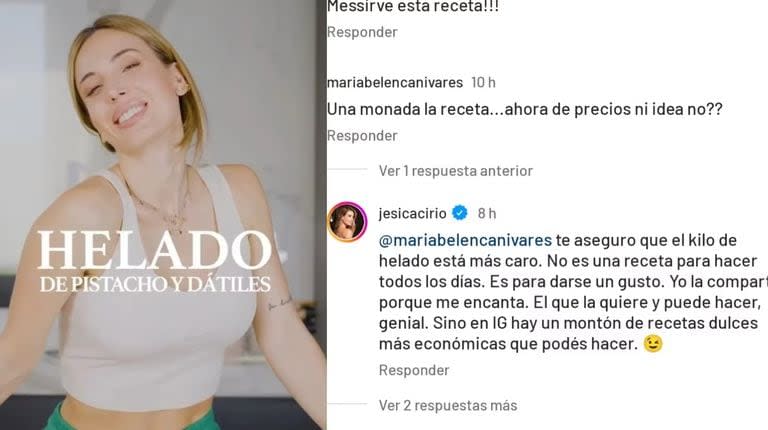 La respuesta de Jesica Cirio a un usuario por la receta de helado de pistacho