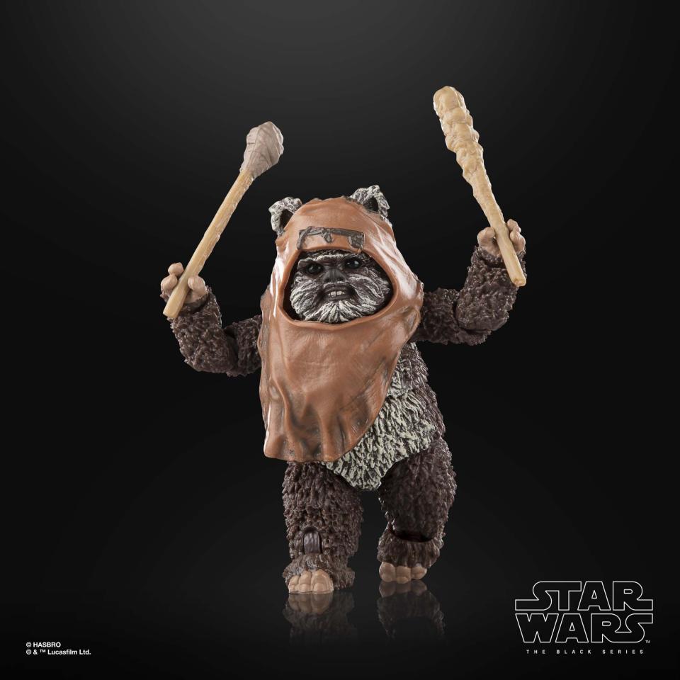 Star Wars The Black Series Wicket action figure posed against a black background