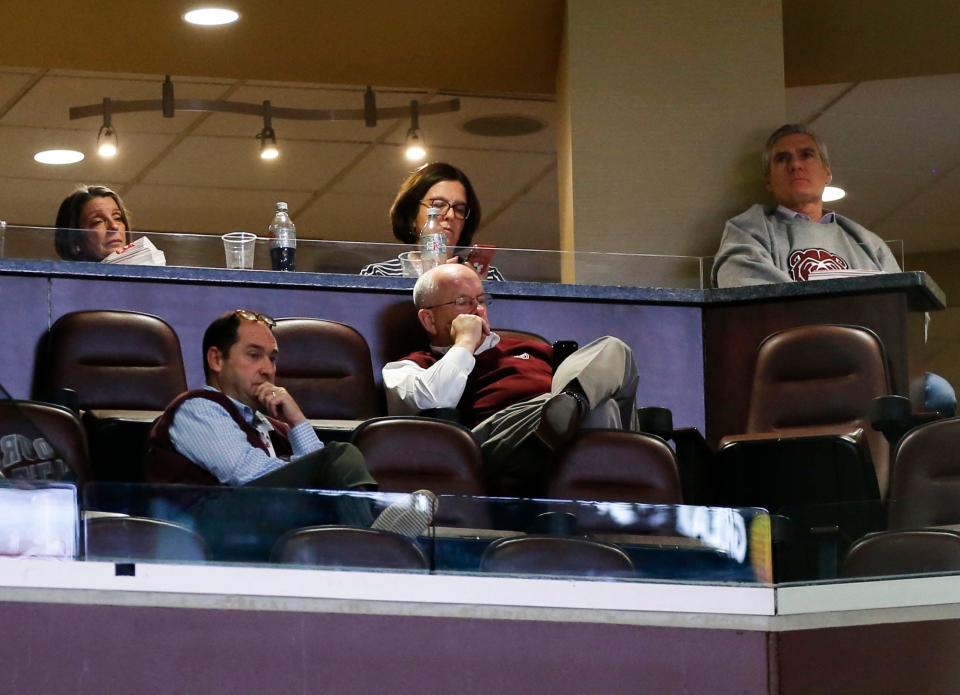 Missouri State President Cliff Smart and Athletic Director Kyle Moats watch the Bears lose to the Murray State Racers at Great Southern Bank Arena on Wednesday, Jan. 10, 2024.