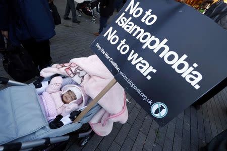 A banner is pushed into a baby pram during a protest in Birmingham, Britain March 24, 2017. REUTERS/Eddie Keogh