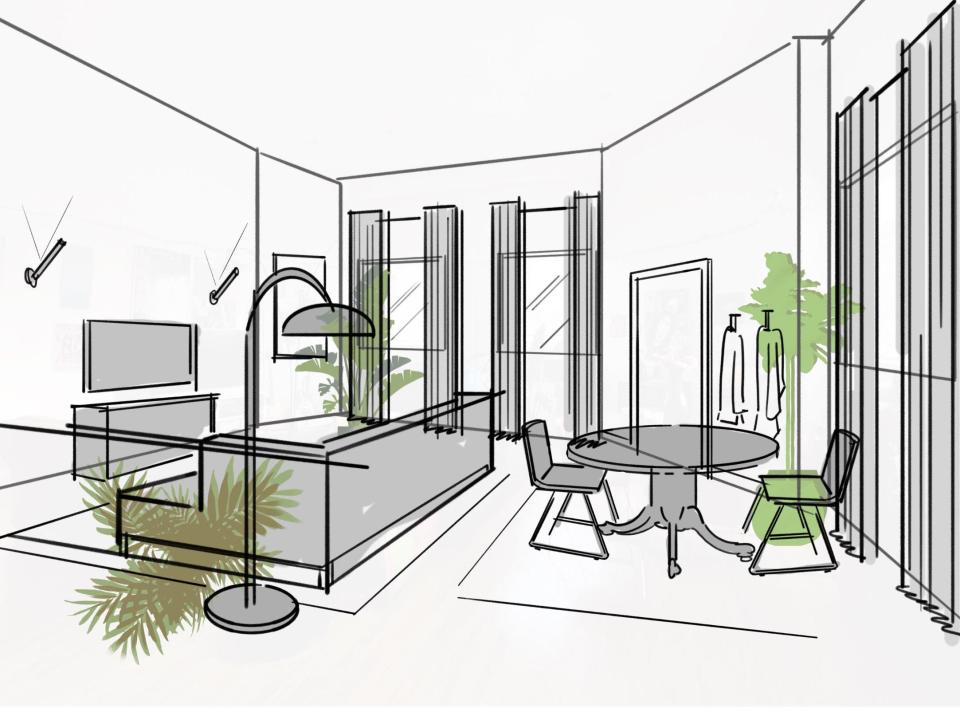 Drawn layout of living room with sectional, dining room table, and curtains.