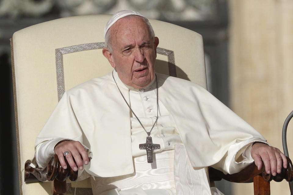 Pope Francis leads his weekly general audience, in St.Peter's Square, at the Vatican, Wednesday, Oct. 16, 2019. (AP Photo/Andrew Medichini)