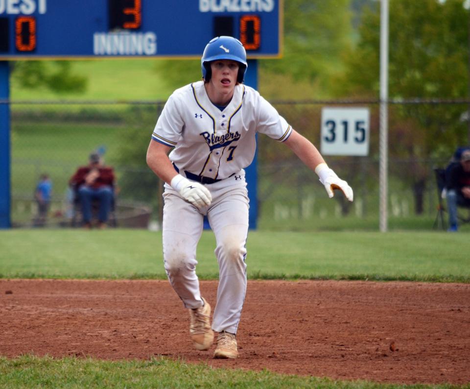 Clear Spring's Dawson Kehr, shown in a game against Boonsboro earlier this season, hit a walk-off single in the 11th inning to send the Blazers past Brunswick in the 1A West Region II semifinals Saturday.