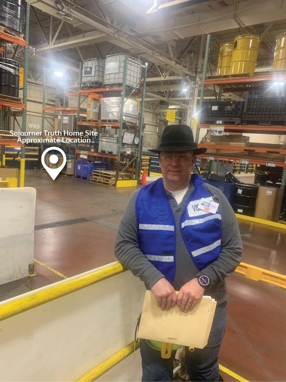 Local historian Kevin Ailes stands near the spot of the first home of Sojourner Truth,  recently discovered to be at the Denso facility which sits on land that was formerly the small village of Harmonia on the fringes of Battle Creek.