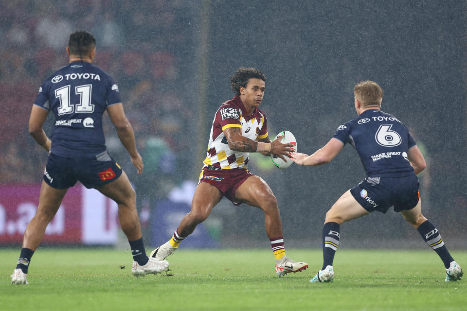 BRISBANE, AUSTRALIA - MARCH 29: Tristan Sailor
of the Broncos runs the ball during the round four NRL match between Brisbane Broncos and North Queensland Cowboys at Suncorp Stadium, on March 29, 2024, in Brisbane, Australia. (Photo by Chris Hyde/Getty Images)