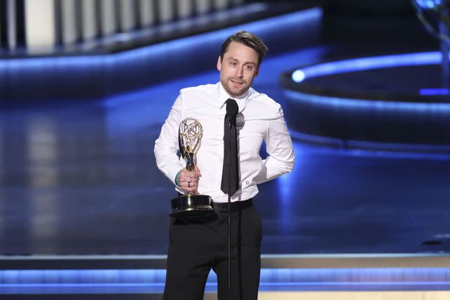 <p>Christopher Polk/Variety via Getty</p> Kieran Culkin accepting the award for outstanding lead actor