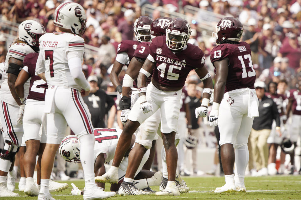 Oct 28, 2023; College Station, Texas; Texas A&M Aggies linebacker Edgerrin Cooper (45) celebrates a tackle against the South Carolina Gamecocks during the second quarter at Kyle Field. Dustin Safranek-USA TODAY Sports