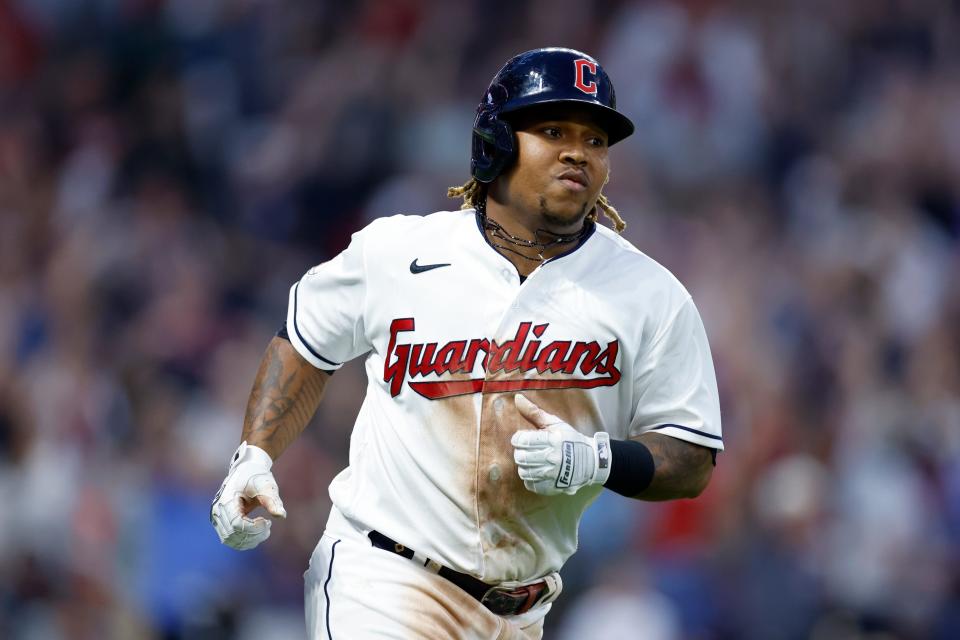 Guardians' Jose Rami­rez rounds the bases after hitting three-run home run against the Detroit Tigers in the sixth inning of the Guardians' 6-1 win Friday night. [Ron Schwane/Associated Press]