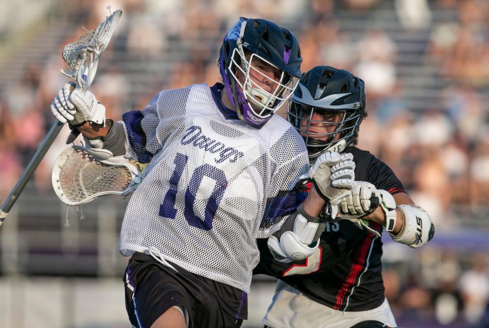 Andy Croddick of RFH and CJ Stevens of BR. NJSIAA Tournament of Champions semifinals round game between Bridgewater-Raritan and host Rumson-Fair Haven. Rumson, NJWednesday, June 8, 2022