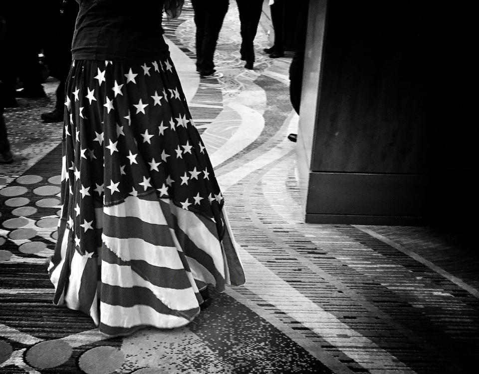<p>A Trump supporter in an American flag skirt outside a Trump rally, June 17, the Woodlands, Texas. (Photo: Holly Bailey/Yahoo News) </p>