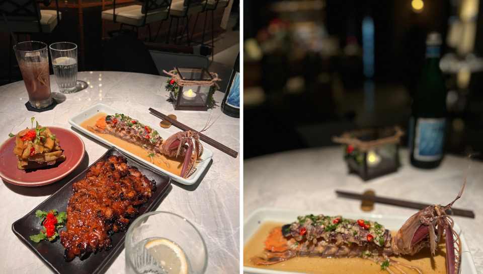 Scrumptious meals at Mott32 including the shrimp mantis and barbeque iberico pork. (PHOTO: Reta Lee/Yahoo Life Singapore)