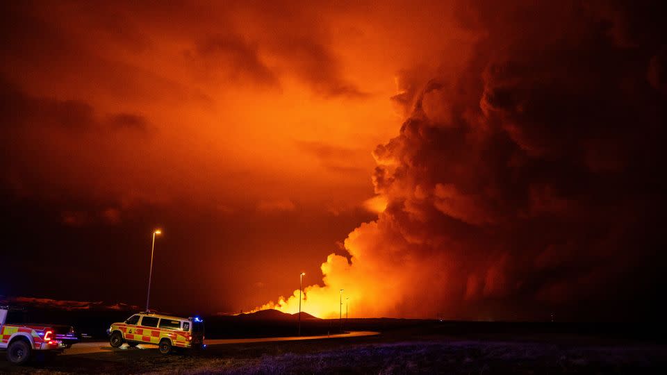 Plumes of smoke from volcanic activity between Hagafell and Stóra-Skógfell in Iceland on March 16, 2024. - Marco di Marco/AP