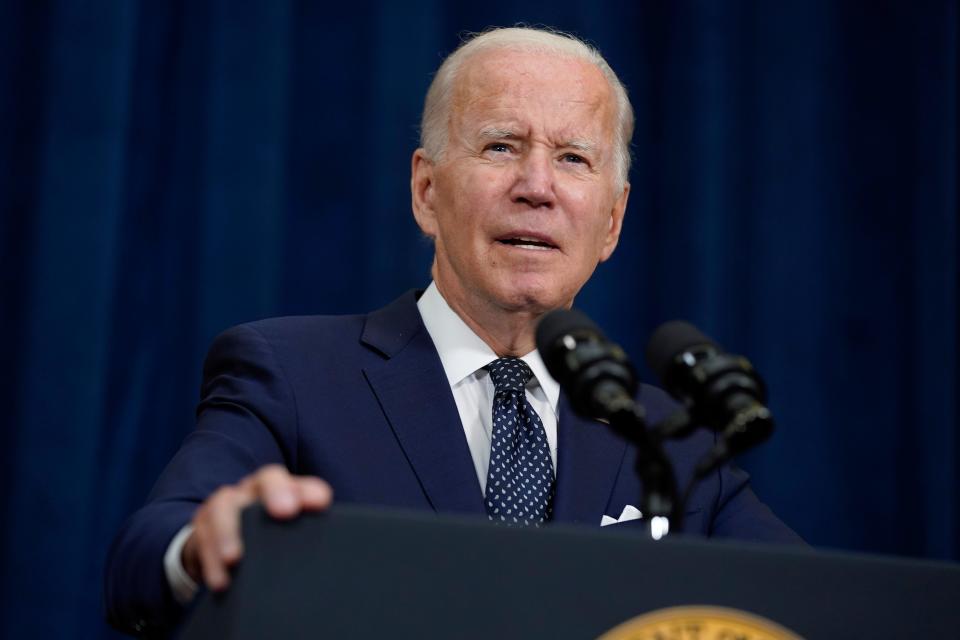 President Joe Biden speaks to reporters after meetings with Saudi Crown Prince Mohammed bin Salman at the Waldorf Astoria Jeddah Qasr Al Sharq hotel, Friday, July 15, 2022, in Jeddah, Saudi Arabia.