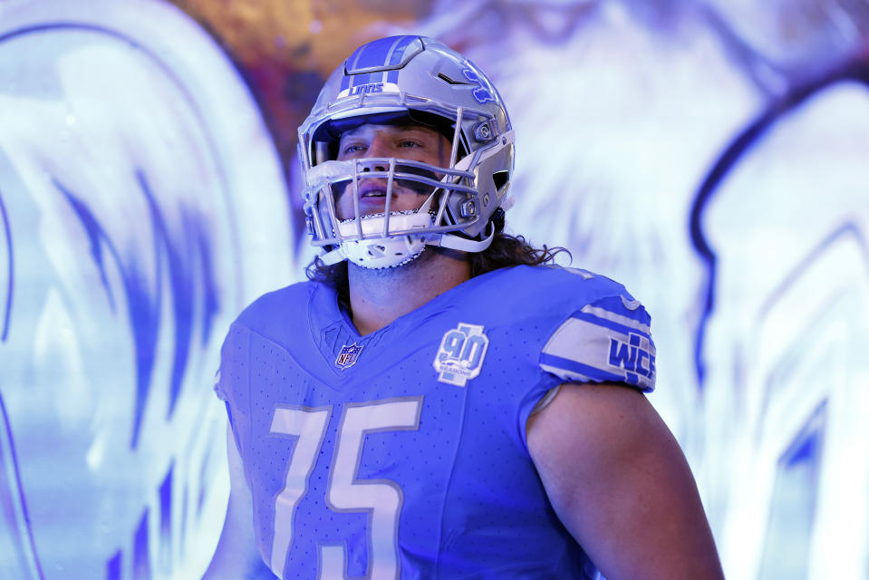 DETROIT, MICHIGAN – SEPTEMBER 24: Colby Sorsdal #75 of the Detroit Lions looks on prior to a game against the Atlanta Falcons at Ford Field on September 24, 2023 in Detroit, Michigan. (Photo by Mike Mulholland/Getty Images)