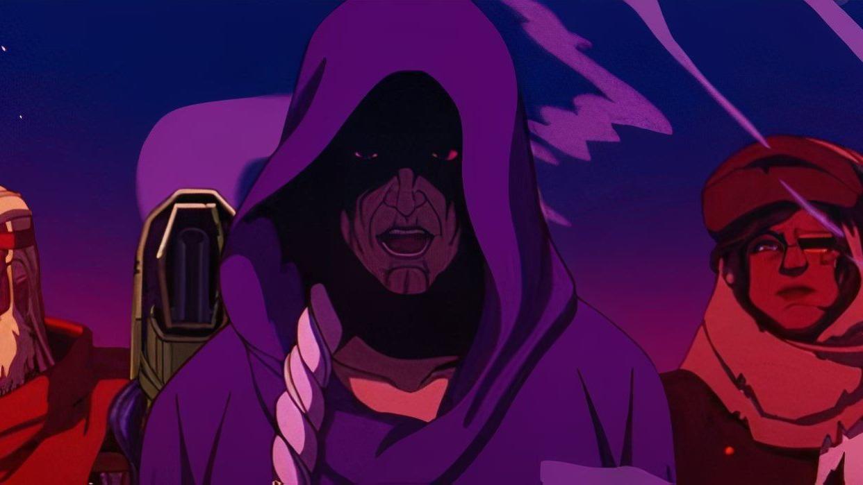 an old woman with a long white braid in a purple cloak obscuring her face