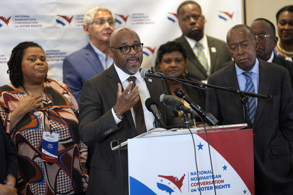 Denver Mayor Michael B. Hancock speaks during a news conference about voting rights Tuesday, Sept. 20, 2022, in Houston. The National Nonpartisan Conversation on Voting Rights is holding meetings and seminars in Houston Tuesday and Wednesday. (AP Photo/David J. Phillip)