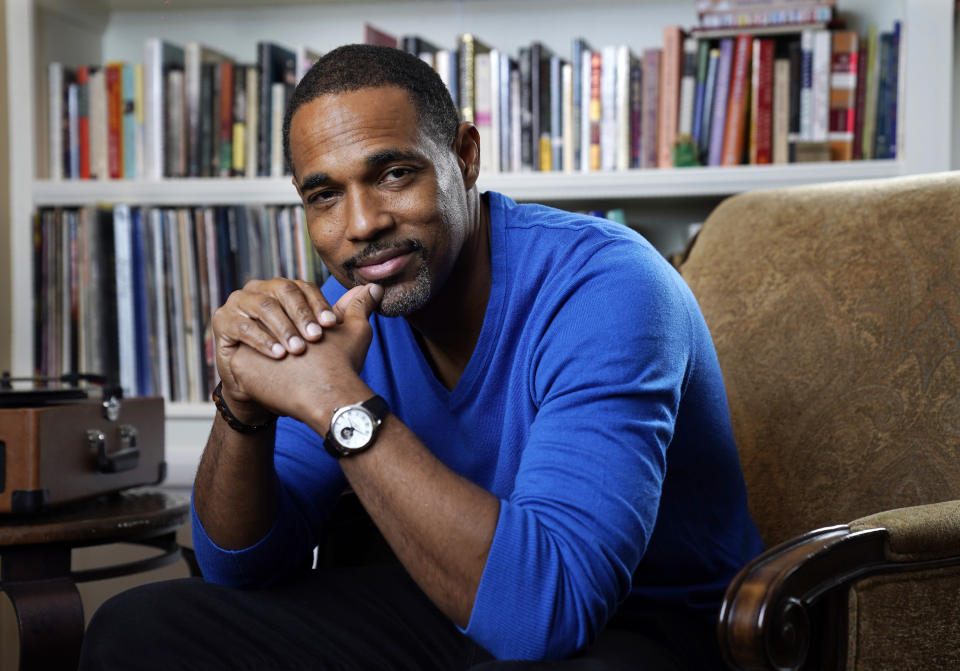 Actor Jason George, a producer of the 27th Screen Actors Guild Awards as well as a member of the SAG Awards Committee, poses for a portrait at his home in Los Angeles on March 25, 2021. The Screen Actors Guild Awards airs Sunday at 9 p.m. EDT on TNT and TBS. (AP Photo/Chris Pizzello)