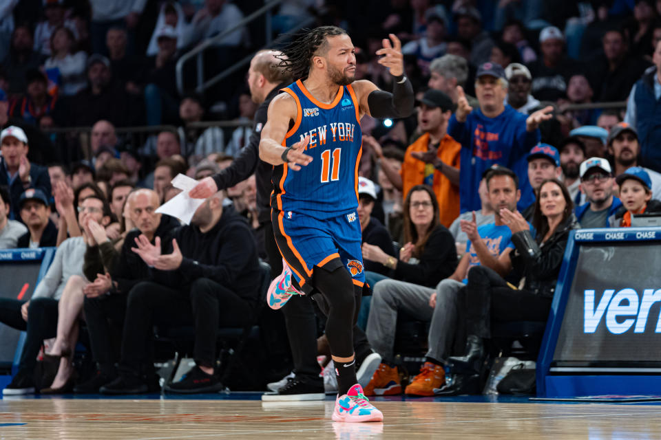 New York Knicks' Jalen Brunson (11) gestures to a referee after scoring during the second half of an NBA basketball game against the Oklahoma City Thunder in New York, Sunday, March 31, 2024. (AP Photo/Peter K. Afriyie)