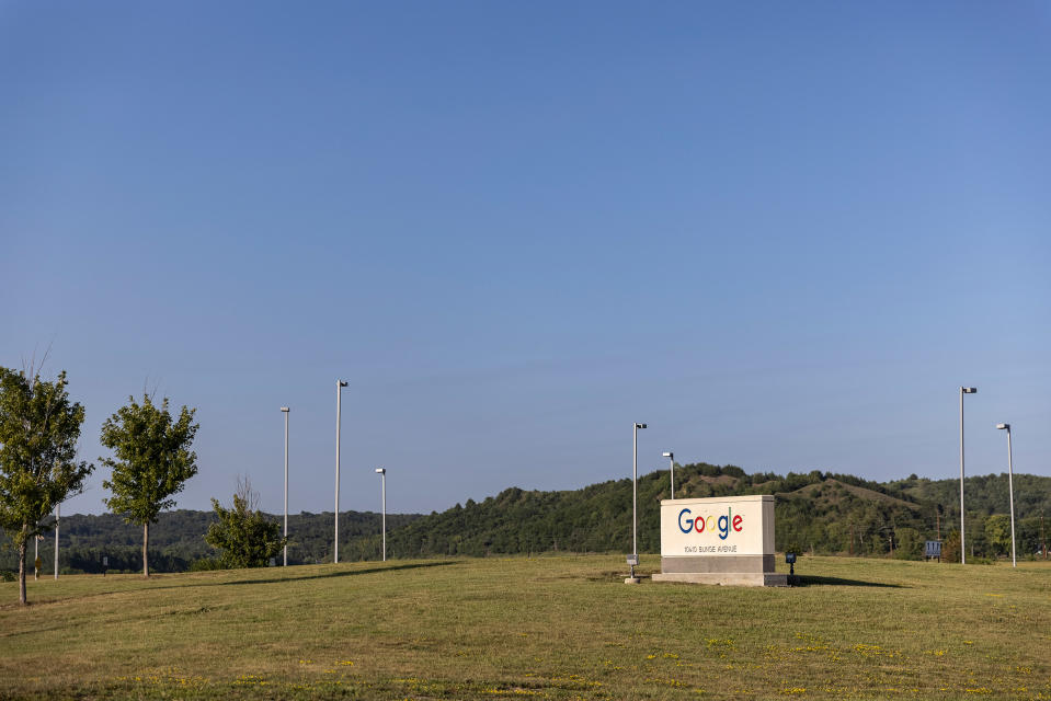 The entrance to the Google data center in Council Bluffs, Iowa on July 29, 2021.<span class="copyright">Kathryn Gamble for TIME</span>