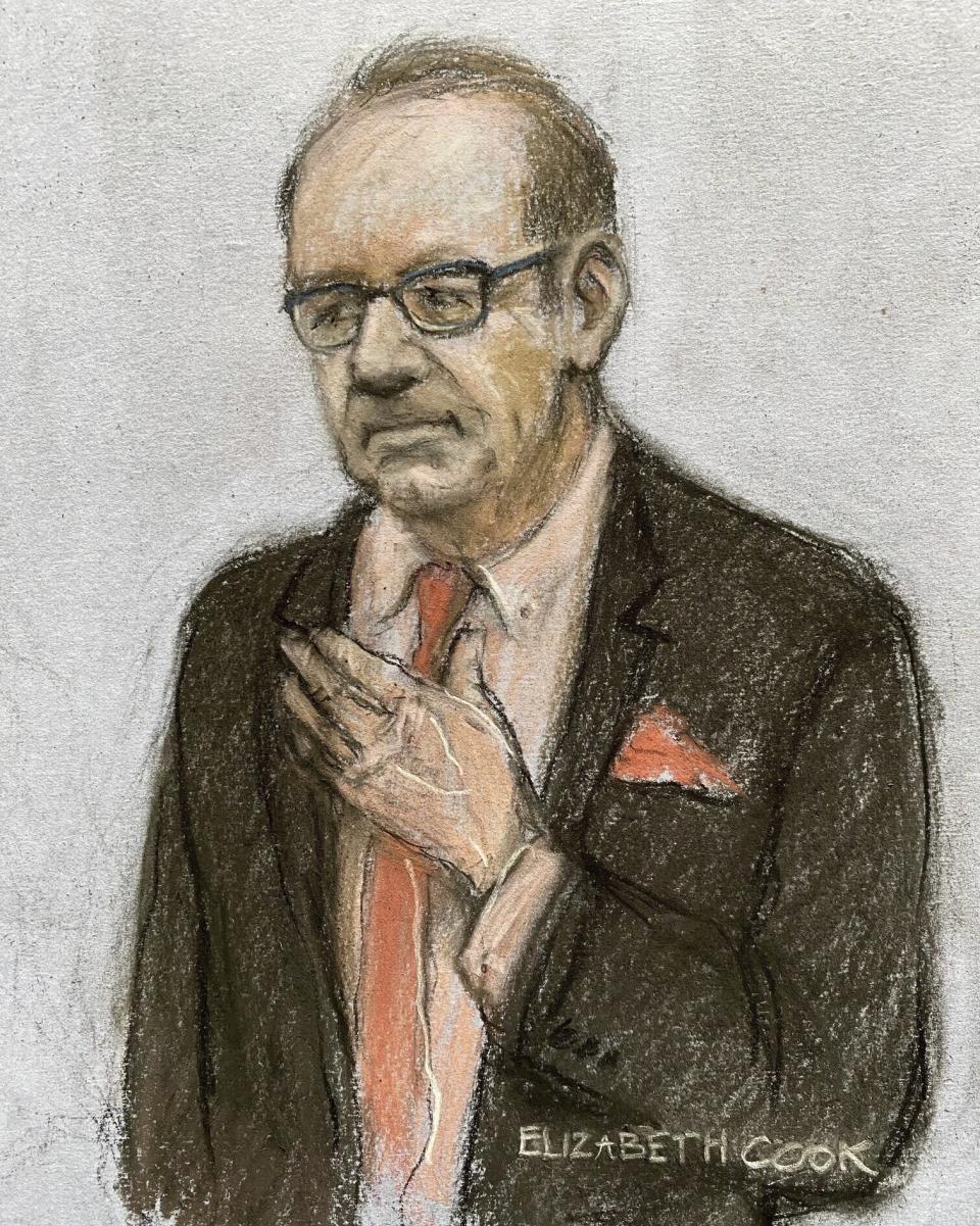 This court artist sketch by Elizabeth Cook shows actor Kevin Spacey appearing at Southwark Crown Court, London, Wednesday July 26, 2023. A London jury has acquitted Kevin Spacey on sexual assault charges stemming from allegations by four men dating back 20 years. Jurors returned their verdicts Wednesday in Southwark Crown Court after deliberating over three days. (Elizabeth Cook/PA via AP)