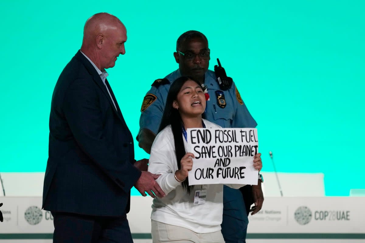 Licypriya Kangujam protests against fossil fuels during an event at the COP28 UN climate summit (AP)