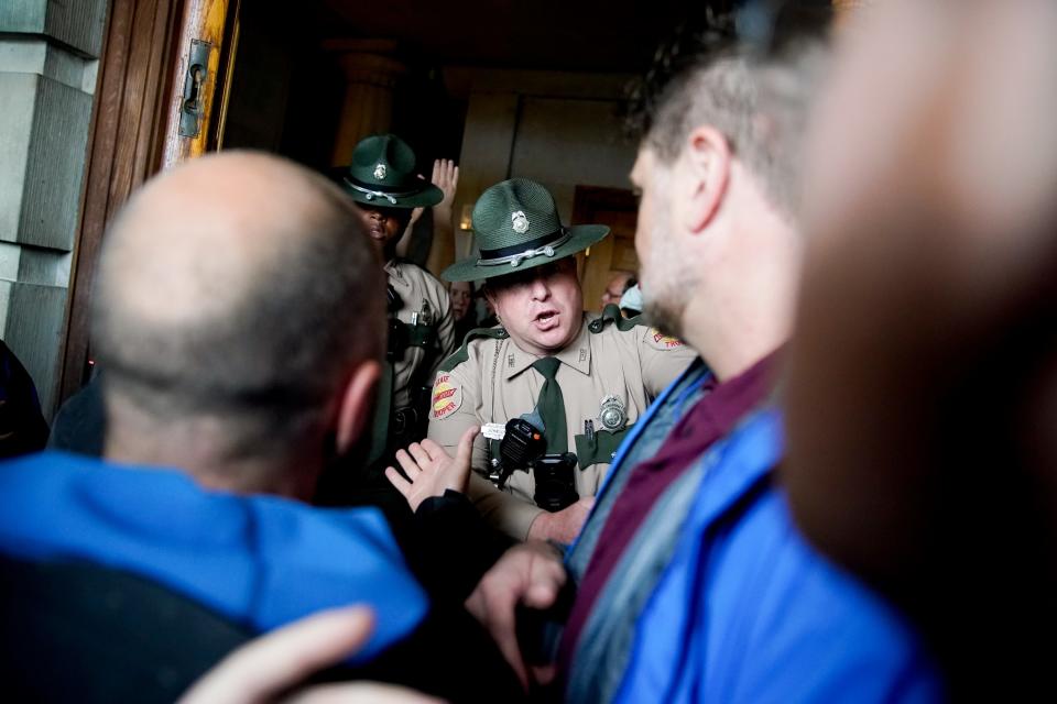 State troopers close the doors to the Tennessee State Capitol in Nashville, Tenn., on Thursday, April 6, 2023, amid protests about the possible expulsion of Democratic representatives Justin Pearson of Memphis, Justin Jones of Nashville and Gloria Johnson of Knoxville.