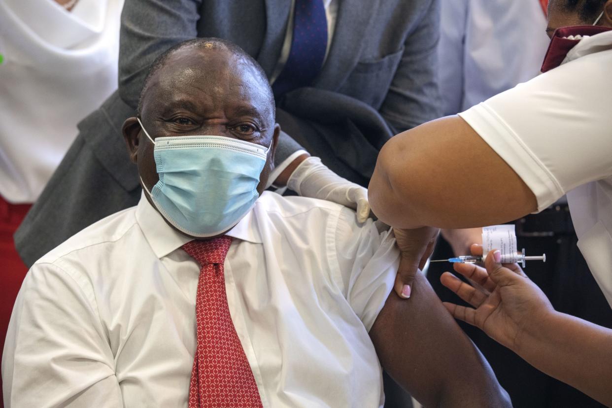 South African President Cyril Ramaphosa receives a Johnson and Johnson COVID-19 vaccine in Khayelitsha, Cape Town, South Africa on Wednesday, Feb. 17, 2021. Ramaphosa was among the first in his country to receive the vaccination to launch the inoculation drive in the country.