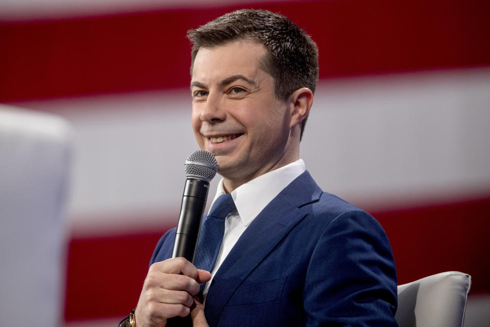 Democratic presidential candidate former South Bend, Ind., Mayor Pete Buttigieg smiles as he speaks at "Our Rights, Our Courts" forum New Hampshire Technical Institute's Concord Community College, Saturday, Feb. 8, 2020, in Concord, N.H. (AP Photo/Andrew Harnik)