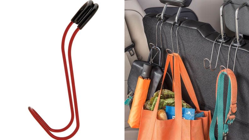 These hooks help keep shopping bags secure during bumpy rides.