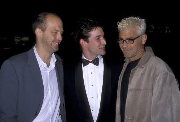 With his ER co-stars Anthony Edwards and Noah Wyle in 1998. Let's be thankful his peroxide period was a short one.