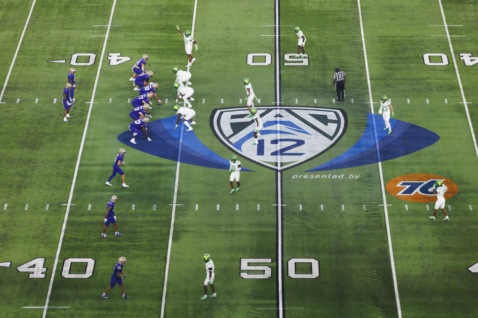 LAS VEGAS, NEVADA - DECEMBER 1: General view of the Washington Huskies offense and Oregon Ducks on the Pac-12 logo from an elevated position during the Pac-12 Championship at Allegiant Stadium on December 1, 2023 in Las Vegas, Nevada. (Photo by Ric Tapia/Getty Images)