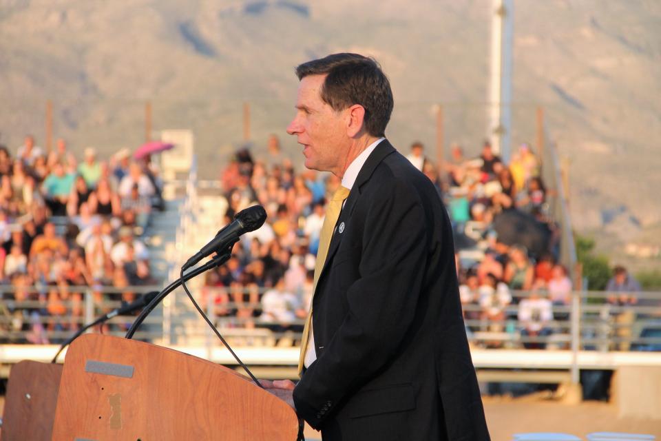 New Mexico Secretary of Education Kurt Steinhaus speaks at Alamogordo High School's 2022 Graduation ceremony on May 27, 2022. Steinhaus is the former Alamogordo High School Band Director.
