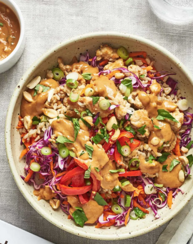 <p>The Kitchn</p><p>These vibrant Thai chicken and brown rice bowls are topped with a rainbow of crunchy vegetables and drizzled with curried peanut sauce.</p><p><strong>Get the recipe: <a href="https://www.thekitchn.com/recipe-spicy-thai-chicken-and-brown-rice-bowls-259055" rel="nofollow noopener" target="_blank" data-ylk="slk:Spicy Thai Chicken and Brown Rice Bowls;elm:context_link;itc:0;sec:content-canvas" class="link ">Spicy Thai Chicken and Brown Rice Bowls</a></strong></p>