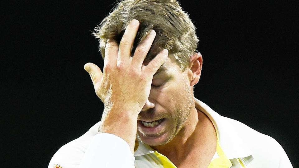 Pictured here, David Warner looks glum after recording a pair in Hobart.