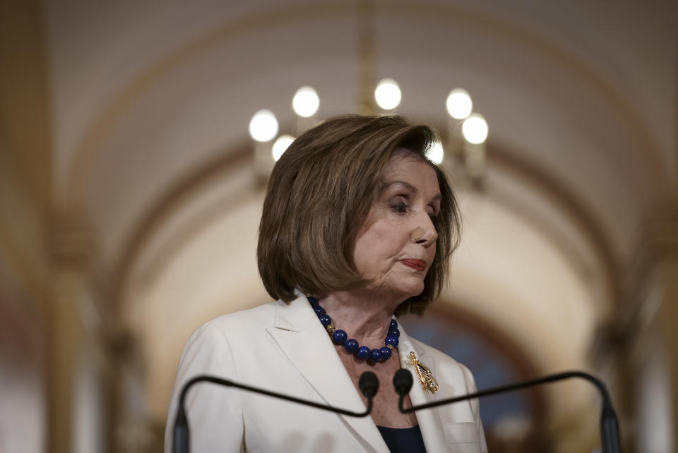 Speaker of the House Nancy Pelosi, D-Calif., finishes a statement at the Capitol in Washington, Thursday, Dec. 5, 2019. Pelosi announced that the House is moving forward to draft articles of impeachment against President Donald Trump. (AP Photo/J. Scott Applewhite)